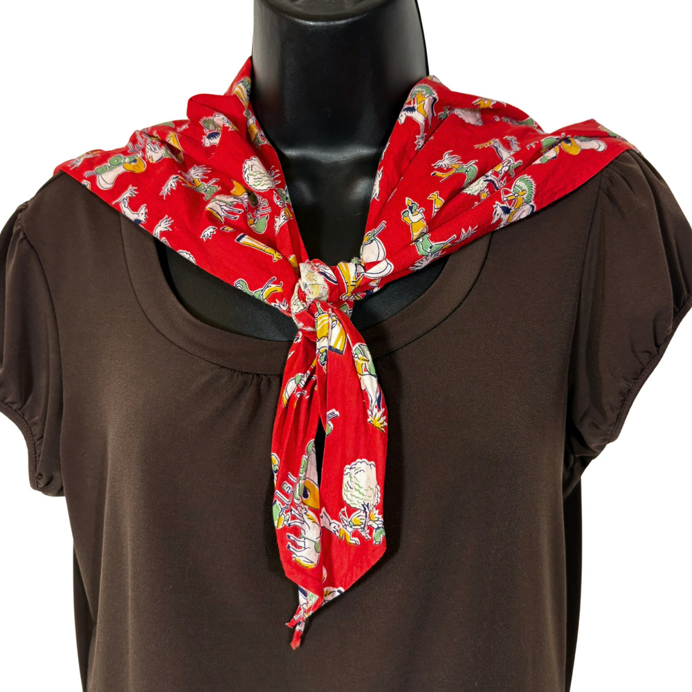 Red Triangle Kerchief Large Cowboy Print Cotton Scarf Vintage 50" Western Retro
